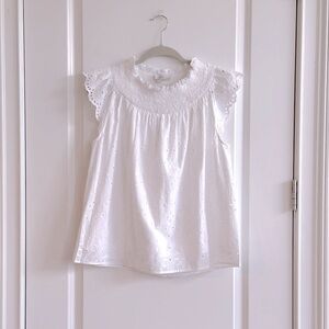 NWT LOFT Smocked White Eyelet Top Cap Sleeve Ruffled Lined Blouse Size PM
